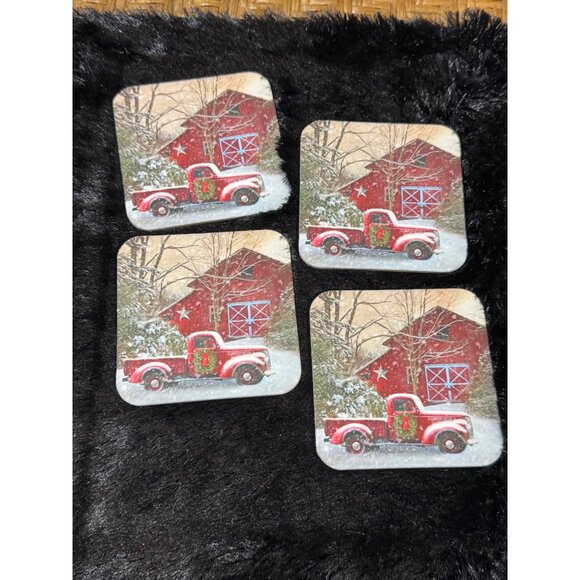 Christmas-Themed Cork Coasters With Red Truck & Barn Design Cork Back Set Of 4 - Picture 1 of 5